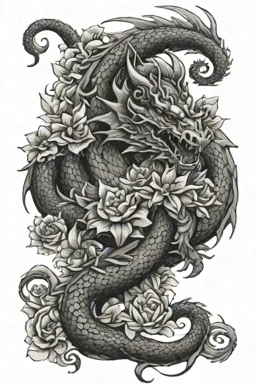 medieval dragon with flowers intertwined tattoo design idea