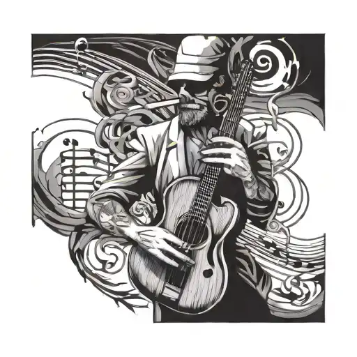 A tattoo design incorporating music notes and a lonely figure smoking a cigarette, symbolizing solitude and passion for music tattoo design idea