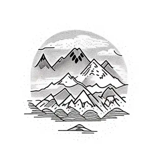 mountain in the background, suspension bridge of Puerto Aysen Chile, with an infinity symbol and rain everywhere tattoo design idea