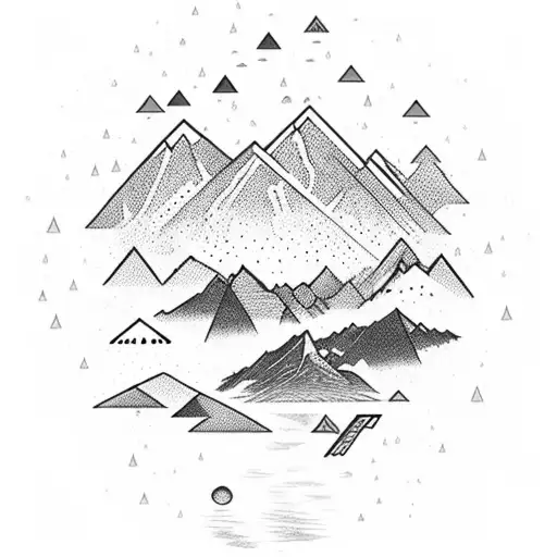 mountain in the background, suspension bridge of Puerto Aysen Chile, with an infinity symbol and rain everywhere tattoo design idea