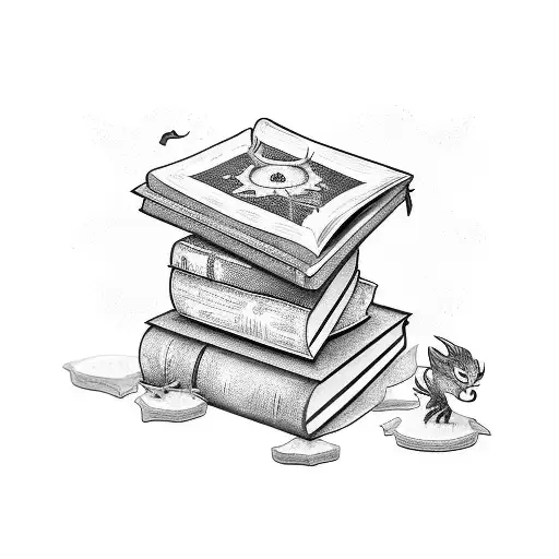 A stack of books with magical creatures coming out of the pages tattoo design idea
