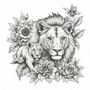 lioness with her lion cub in a forest with flowers and sunflowers tattoo design idea