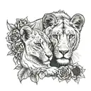 lioness with her lion cub in a forest with flowers and sunflowers tattoo design idea