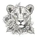 lioness with her lion cub in a forest with flowers and sunflowers tattoo design idea