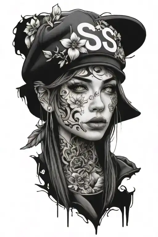 woman face with backwards cap, urban style, graffiti, with flowers, including tattooed gothic letter S tattoo design idea