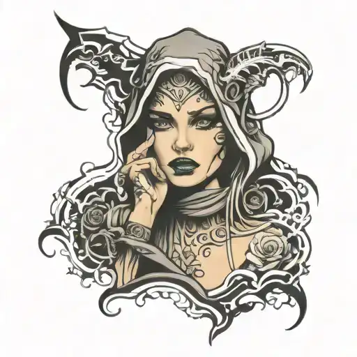 visage femme sweat capuche street sign tattoo design idea