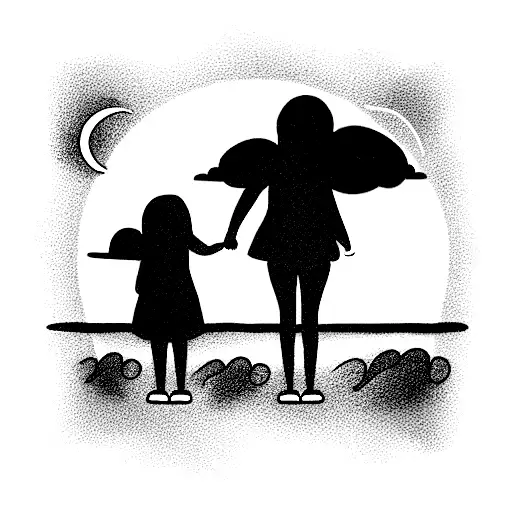 Mom and daughter hold hands in the middle of a storm  near the ocean tattoo design idea