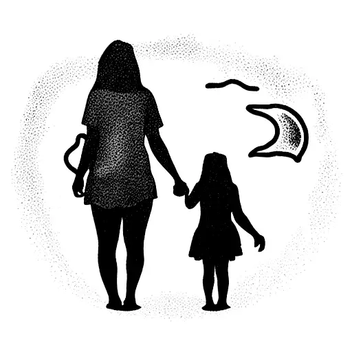 Mom and daughter hold hands in the middle of a storm in front of a light house near the ocean tattoo design idea