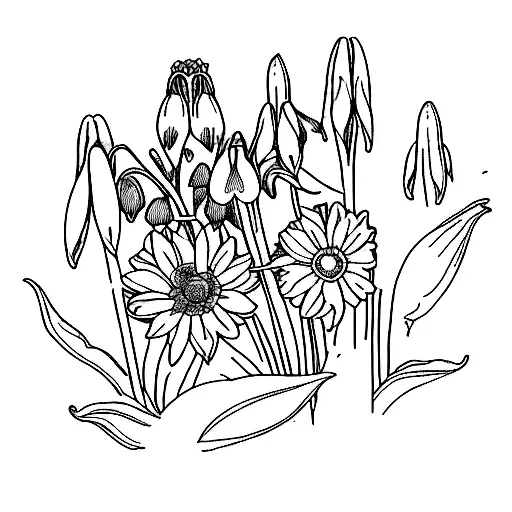 simple bouquet of one marigold, one violet, one lily of the valley, one daffodil, one chrysanthemum, and one snowdrop fl tattoo design idea