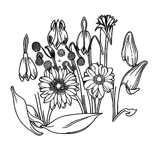 simple bouquet of one marigold, one violet, one lily of the valley, one daffodil, one chrysanthemum, and one snowdrop fl tattoo design idea