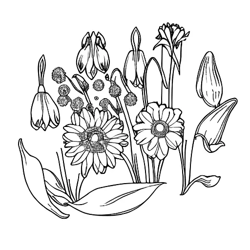 simple bouquet of one marigold, one violet, one lily of the valley, one daffodil, one chrysanthemum, and one snowdrop fl tattoo design idea
