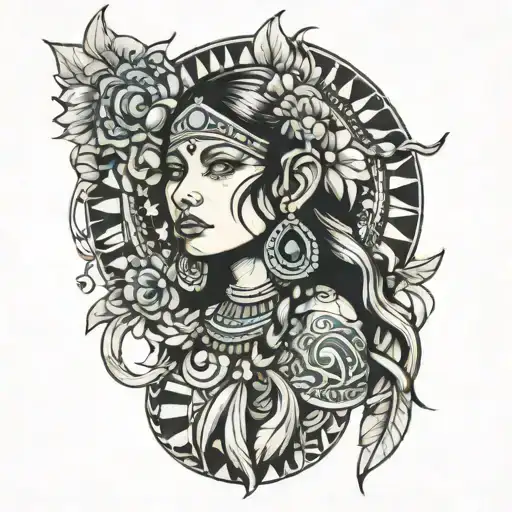 AZTEC SCHAMAN GIRL PSYCHEDELIC tattoo design idea