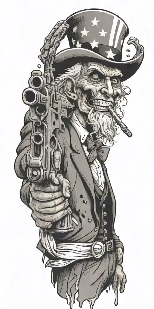 Uncle Sam holding and AR 15 with bullet holes pouring blood tattoo design idea
