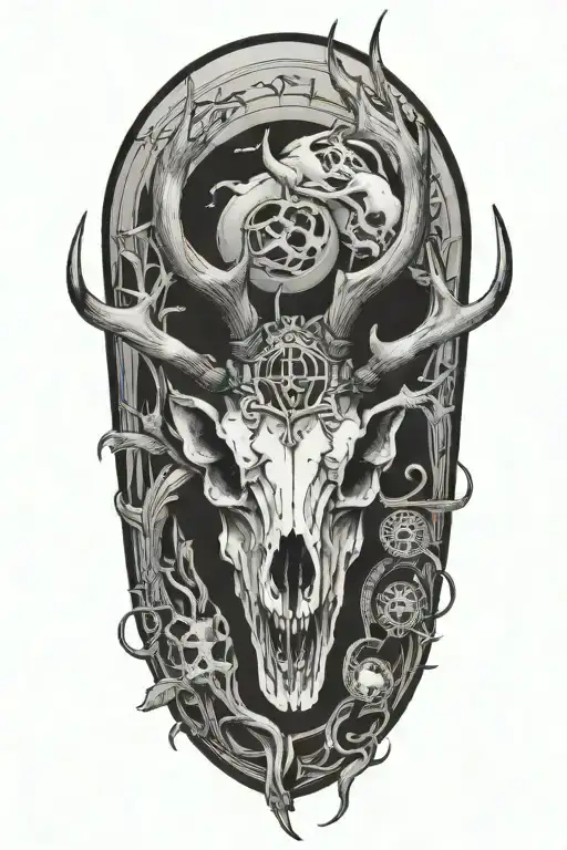 A black-grey tattoo of a deer skull with antlers intertwined with fishing hooks tattoo design idea
