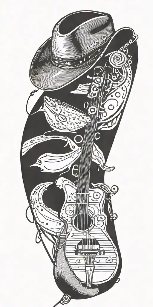 A silhouette of a cowboy hat with a fishing rod and a hunting rifle crossed underneath, incorporating musical notes in the background tattoo design idea