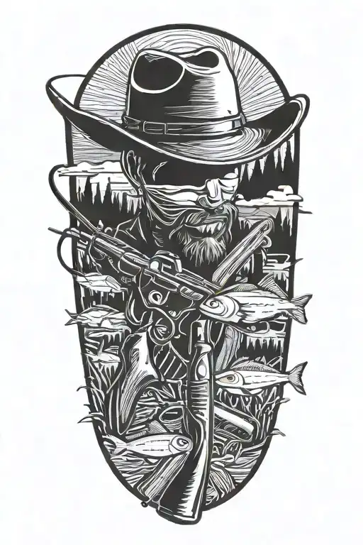 A silhouette of a cowboy hat with a fishing rod and rifle crossed behind it tattoo design idea