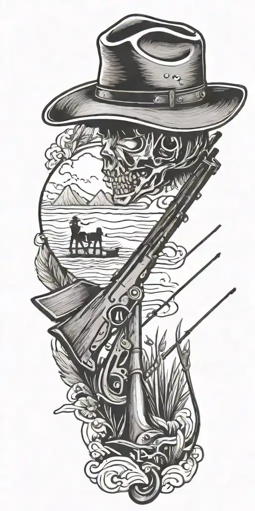 A silhouette of a cowboy hat with a fishing rod and rifle crossed behind it tattoo design idea