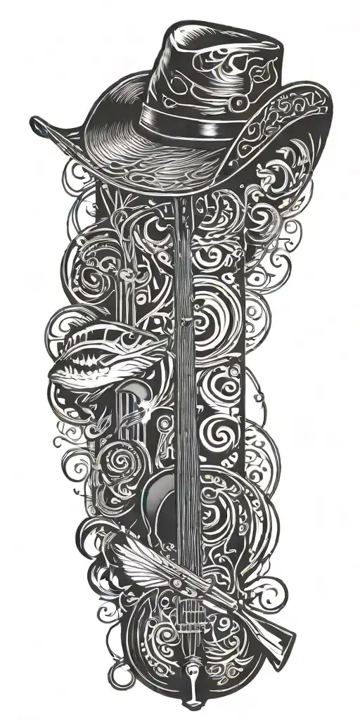 A silhouette of a cowboy hat with a fishing rod and a hunting rifle crossed underneath, incorporating musical notes in the background tattoo design idea