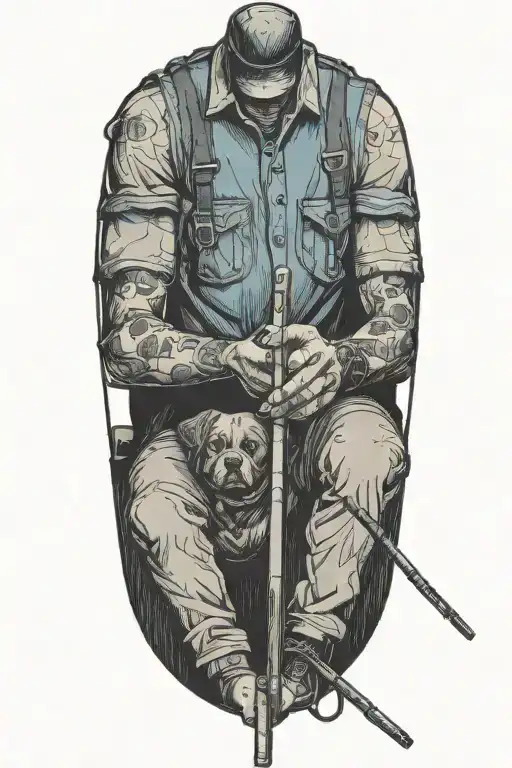 A blue collar worker's hands holding a fishing rod with a dog sitting by their side tattoo design idea