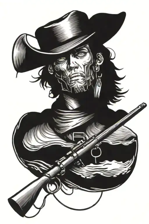 A silhouette of a cowboy hat with a fishing rod and rifle crossed behind it tattoo design idea