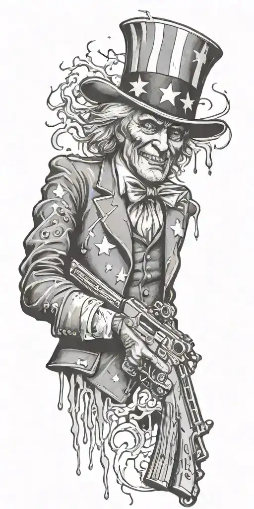 Uncle Sam holding and AR 15 with bullet holes pouring blood facing away tattoo design idea