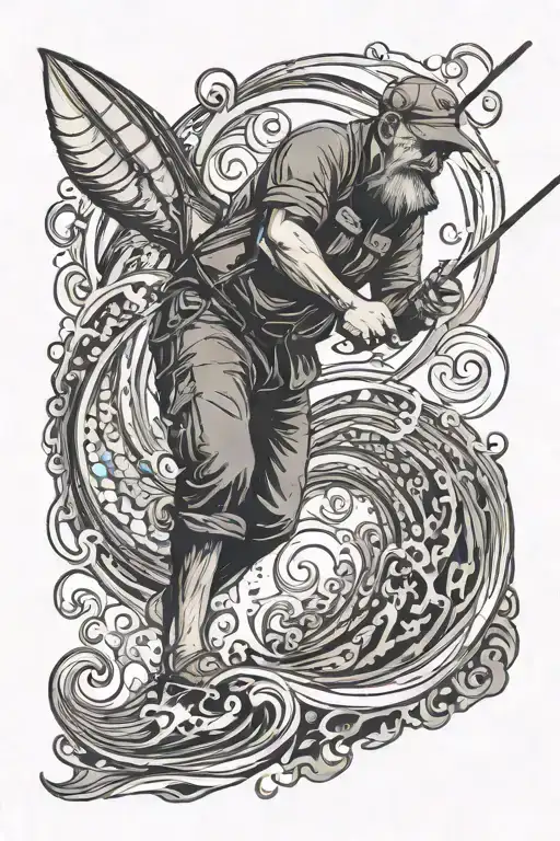 A black and grey image of a fisherman casting a line into a swirling vortex tattoo design idea