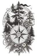 A stylized compass rose made of hunting and fishing tools, with a pine tree in the center tattoo design idea