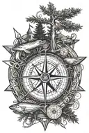 A stylized compass rose made of hunting and fishing tools, with a pine tree in the center tattoo design idea