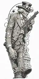 Uncle Sam holding and AR 15 walking away with bullet holes in his back tattoo design idea