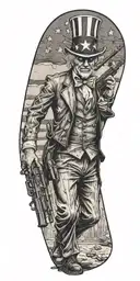 Uncle Sam holding and AR 15 walking away with bullet holes in his back tattoo design idea