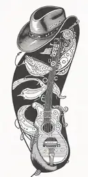 A silhouette of a cowboy hat with a fishing rod and a hunting rifle crossed underneath, incorporating musical notes in the background tattoo design idea
