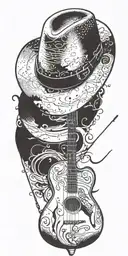A silhouette of a cowboy hat with a fishing rod and a hunting rifle crossed underneath, incorporating musical notes in the background tattoo design idea