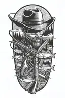 A silhouette of a cowboy hat with a fishing rod and rifle crossed behind it tattoo design idea