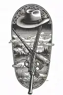 A silhouette of a cowboy hat with a fishing rod and rifle crossed behind it tattoo design idea