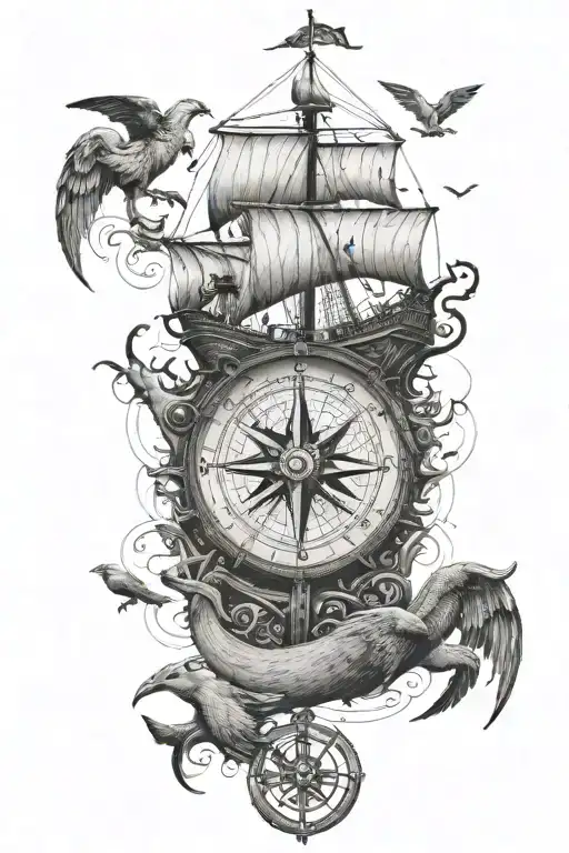 vertical A viking ship with birds flying over it and an big old compass and big anchor at the bottom tattoo design idea