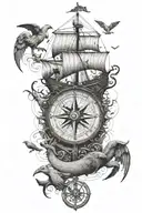 vertical A viking ship with birds flying over it and an big old compass and big anchor at the bottom tattoo design idea