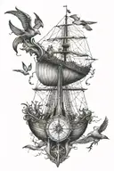 vertical A viking ship with birds flying over it and an big old compass and big anchor at the bottom tattoo design idea