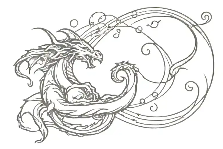 Dragon sleeping moon surrounded my music notes forming tattoo design idea