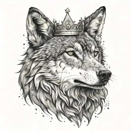 a realistic wolf with a crown surrounded tattoo design idea