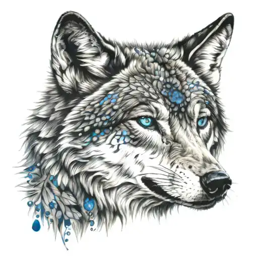 a realistic wolf with blue eyes tattoo design idea