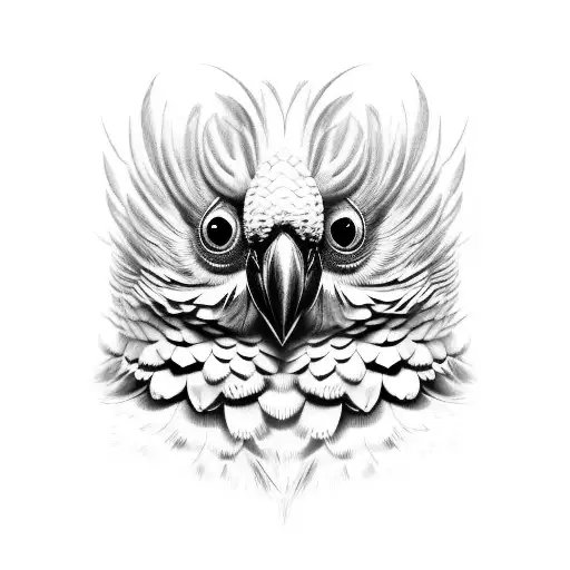 red crested black cockatoo looking with both eyes facing forward. crest feathers up ready to attack prey. detailed  tattoo design idea