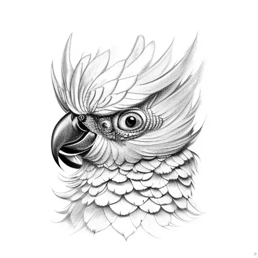 red crested black cockatoo looking with both eyes facing forward. crest feathers up ready to attack prey. detailed  tattoo design idea