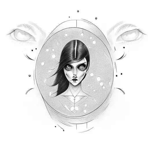 beautiful dark haired woman looking forward with 2 eyes. head shot, looking evil but sexy with big lips and big eyes tattoo design idea