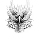 red crested black cockatoo looking with both eyes facing forward. crest feathers up ready to attack prey. detailed  tattoo design idea