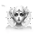 beautiful dark haired woman looking forward with 2 eyes. head shot, looking evil but sexy with big lips and big eyes tattoo design idea