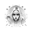 beautiful dark haired woman looking forward with 2 eyes. head shot, looking evil but sexy with big lips and big eyes tattoo design idea