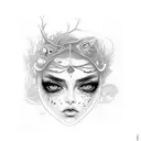 beautiful dark haired woman looking forward with 2 eyes. head shot, looking evil but sexy with big lips and big eyes tattoo design idea