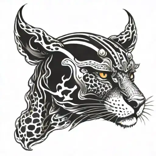 A fierce jaguar in a firefighting helmet battling flames tattoo design idea
