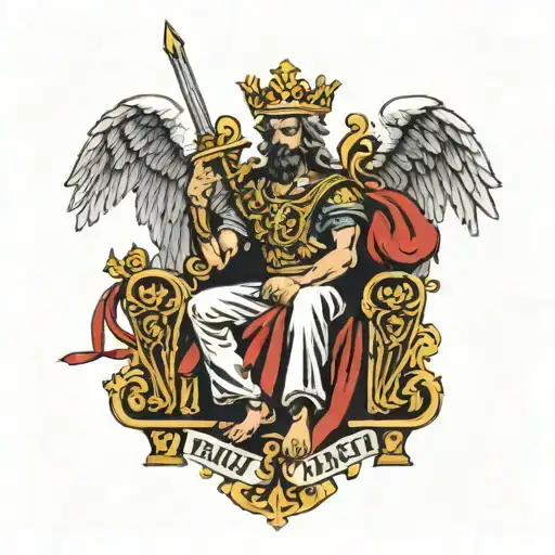 angel sitting on a kings throne holding a sword and crown in the other hand tattoo design idea