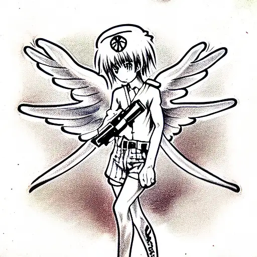 An anime angel holds a gun in his stretched out hand tattoo design idea